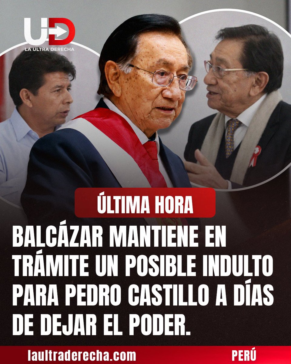 LUltraDerechaPE's tweet photo. 🇵🇪|🚨#URGENTE ¡¿QUIEREN SACARLO ANTES DE IRSE?! José María Balcázar confirmó que el pedido de indulto para el golpista Pedro Castillo sigue en trámite dentro del Ministerio de Justicia. También admitió que el reciente informe de un grupo de la ONU podría ser utilizado por quienes buscan su liberación.  

A pocos días del inicio del gobierno de Keiko Fujimori la izquierda vuelve a mover sus piezas para favorecer a Castillo.