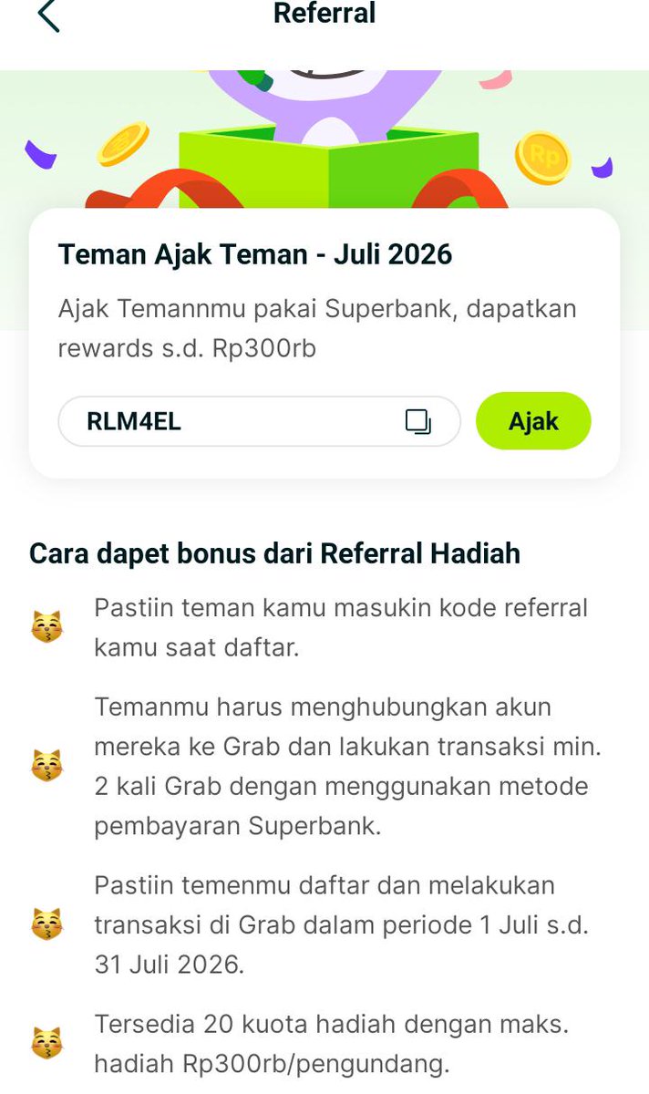 1792_c's tweet photo. HADIAH SALDO 300K SUPERBANK‼️

kode referral superbank: RLM4EL

RLM4EL

-superbank gratis biaya transfer 200x/bulan

-transaksi di grab pake superbank lebih mudah &amp; banyak promo 

-keuntungan bunga 10% pertahun

YUK MUMPUNG LAGI PROMO

#zonauang #bealanja
ref kode nabung deposito https://t.co/m4GkBXUAPi