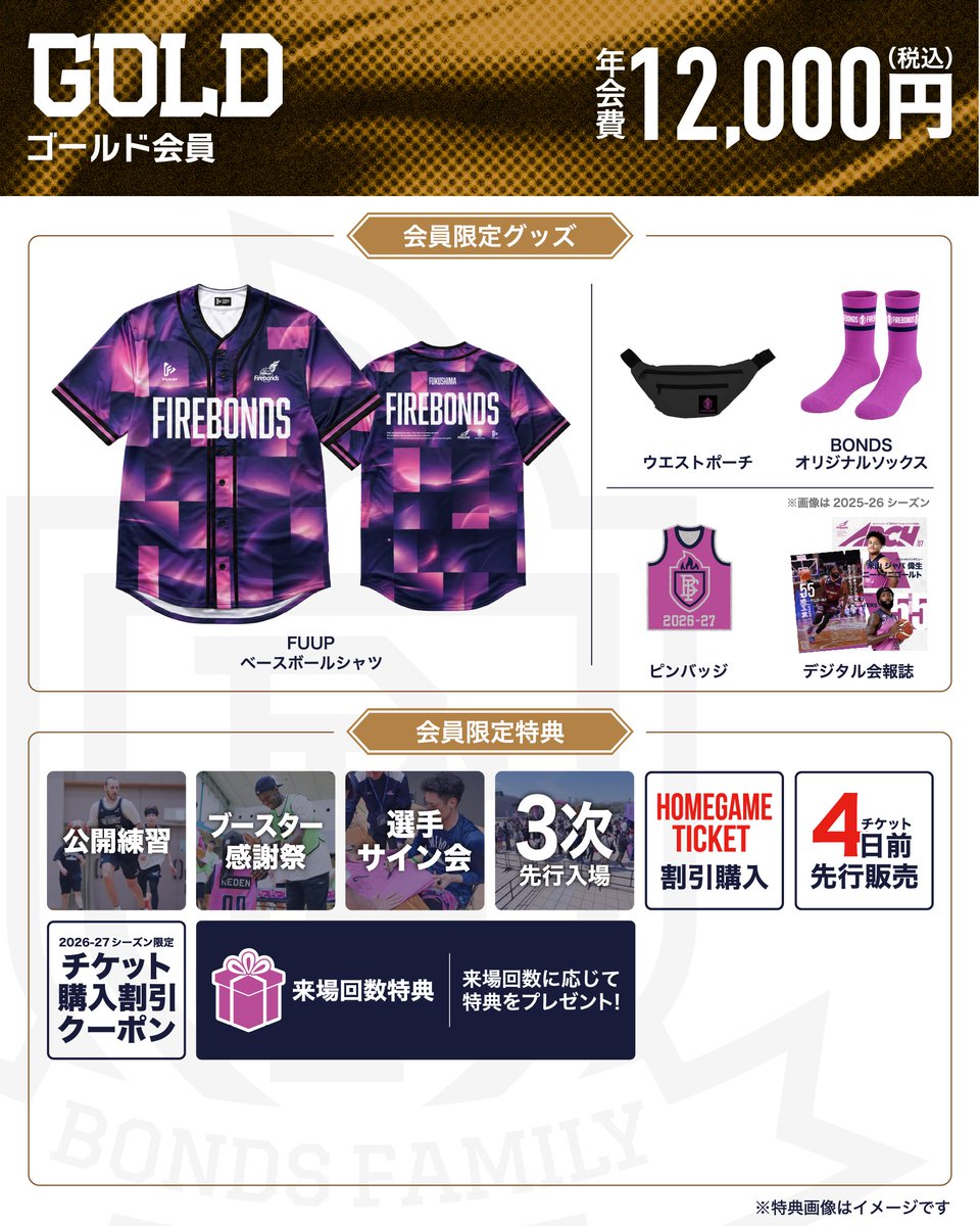 firebonds's tweet photo. ◤ ブースタークラブ情報 ◢
本日より、2026-27シーズン ブースタークラブ「#BONDSFAMILY」のゴールド・パープル・ジュニア・メルマガ会員の入会受付がスタート📢✨
各グレード、お手頃な価格で会員限定特典が盛りだくさん‼️☺️
ぜひ、会員限定の特典とともに2026-27シーズンをお楽しみください💜
皆さんのご入会を心よりお待ちしております🙌
詳細はこちら▼
https://t.co/YG2Opel17L
ご入会はこちら▼
https://t.co/qCRtVHihgk
#firebonds
#福島ファイヤーボンズ