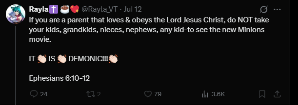 xAvudx's tweet photo. This is the type of hysteria we need to watch out for. This person is calling childs movie demonic. Because they decied to do cutesy twist on HP love crafts short story "The Call of Cthulhu". She is undermining other Christians cause they won't boycott the movie. https://t.co/FhY0Wv0ZYi
