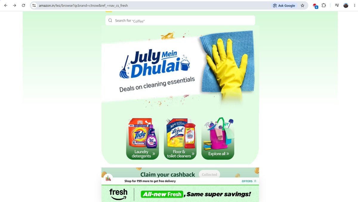 din0vp's tweet photo. @amazonIN can you please check and let me know how to get the full screen view here when I enter the "Fresh" page for ordering using a laptop. It's quite difficult &amp; causes strain on the eyes with this hude side bar layout. https://t.co/c1DbBCyrp8
