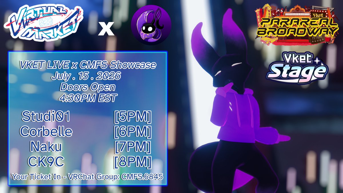 AndrewCorbelle's tweet photo. VKET LIVE - July 15th

It has been a VERY long time since we hosted a music festival! To get the ball rolling we have been invited to @Virtual_Market_ as featured idol guests to host our 3rd VKET LIVE signature series! Welcome to the stage @Studi01music, @im_naku &amp; @ChaoticK9! https://t.co/fDy6nHTxHQ