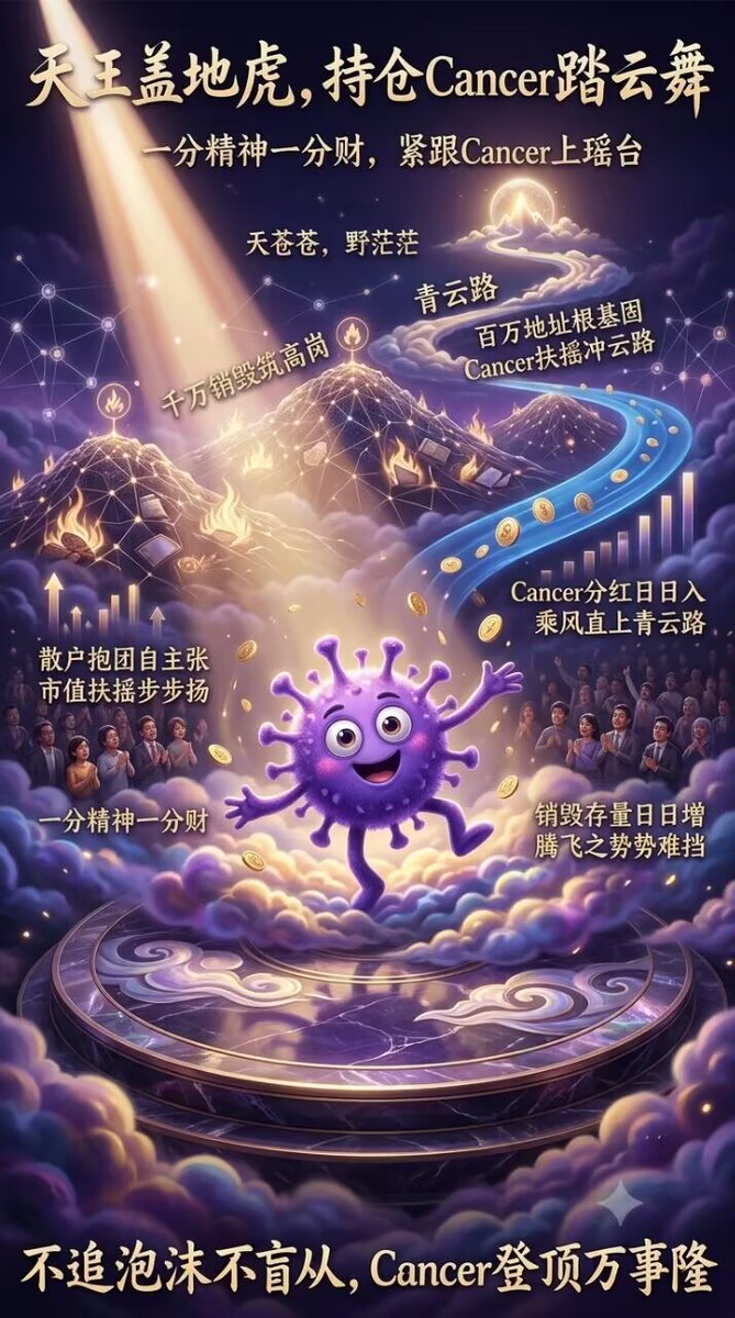 chenxp999's tweet photo. 天王盖地虎，持仓Cancer踏云舞
一分精神一分财，紧跟Cancer上瑶台
天苍苍，野茫茫，千万销毁筑高岗
百万地址根基固，Cancer扶摇冲云路
散户抱团自主张，市值扶摇步步扬
Cancer分红日日入，乘风直上青云路
销毁存量日日增，腾飞之势势难挡
不追泡沫不盲从，Cancer登顶万事隆 https://t.co/QdFmX9RUd0
