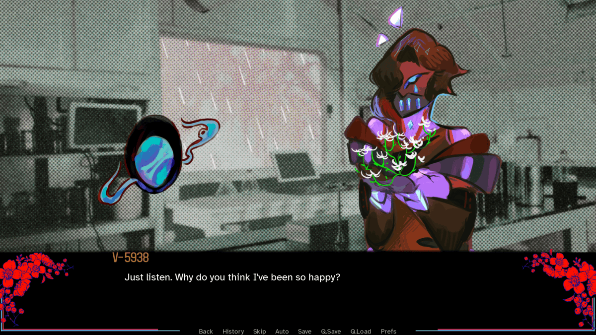 _preser's tweet photo. after a month of working on this project, i'd like to present BREAKPOINT 🌓
a short VN about two robots talking at the end of the world, it may or may not be yuri.
please check it out if you'd like! (it's playable in-browser!)
https://t.co/XHauQW2u3r
#vndev #gamedev https://t.co/9jTo8JZpSu