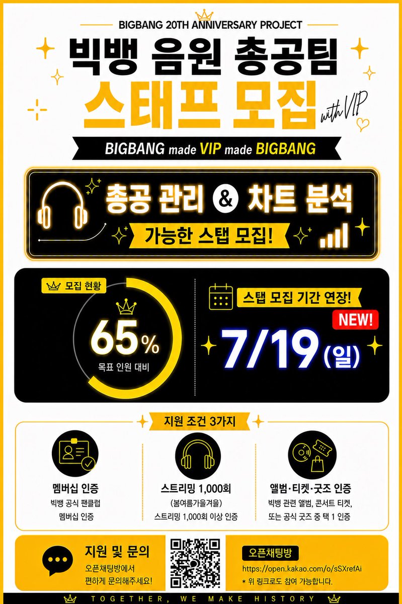 __VIPWAVE__'s tweet photo. 안녕하세요
빅뱅음원총공팀 총대입니다.

현재 스탭 지원이 저조하여 이번주 일요일 (19일)까지 추가 모집 진행하겠습니다.

스밍 인증 및 헬퍼 방도 개설하였습니다.
차트 분석이 가능한 스탭이 필요한 상황이며, 차트 분석이 가능하나 스탭 활동이 부담스러운 경우 헬퍼로 지원해주셔도 좋습니다.

[지원 조건]
스탭
- 빅뱅 맴버쉽 인증
- 봄여름가을겨울 스밍 1,000회 이상 인증
- 앨범/티켓/굿즈 등 택 1 인증

헬퍼
- 빅뱅 맴버쉽 인증
- 봄여름가을겨울 스밍 500회 이상 인증
- 앨범/티켓/굿즈 등 택 1 인증

조건을 충족하지 못해도 기타 방안으로 검토할 수 있으니 많은 지원바랍니다.

빅뱅음원총공팀을 응원해주셔서 감사합니다.

https://t.co/5L0UFiwRcH

https://t.co/P4Q3WBDyDM