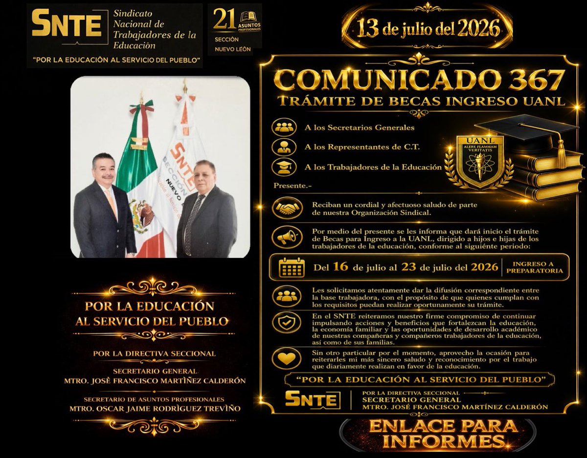 SNTE21's tweet photo. #TodosSomosUno🙋‍♀️
#UnoSomosTodos🙋🏻‍♂️

La Directiva Sindical de la Sección21 del SNTE que dirige el Mtro. José Francisco Martínez Calderón, pone a disposición de las y los trabajadores de la educación el trámite de beca para ingreso en Rectoría de la UANL, https://t.co/YbarMYLzek