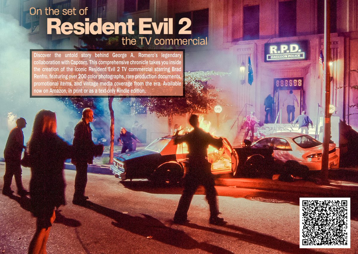 normancengland's tweet photo. "On the Set of Resident Evil 2: The TV Commercial" is out on Amazon! This 258-page book covers George A. Romero’s iconic Capcom shoot with 200+ photos, production documents, and media coverage from the era, plus more! Print or text-only Kindle at 24% off. Link in comments! https://t.co/vttREIIxOu