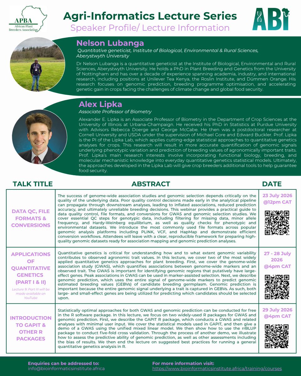 AfrBioInstitute's tweet photo. Module 3 of the ABI/APBA open Agri-Informatics Lecture Series. Three lectures with Dr Nelson Lubanga (Aberystwyth) and Dr Alex Lipka (University of Illinois).
23 to 29 July 2026
https://t.co/I1Riw8rIa1
#AgriInformatics https://t.co/o3T6q0mQD3