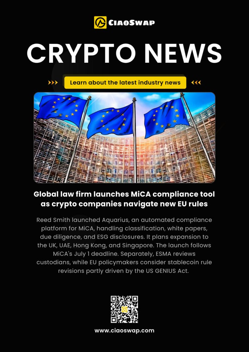 CiaoSwap's tweet photo. Global law firm launches MiCA compliance tool as crypto companies navigate new EU rules.

#CiaoSwap #MiCA #Crypto https://t.co/NiJ1hAfH1a