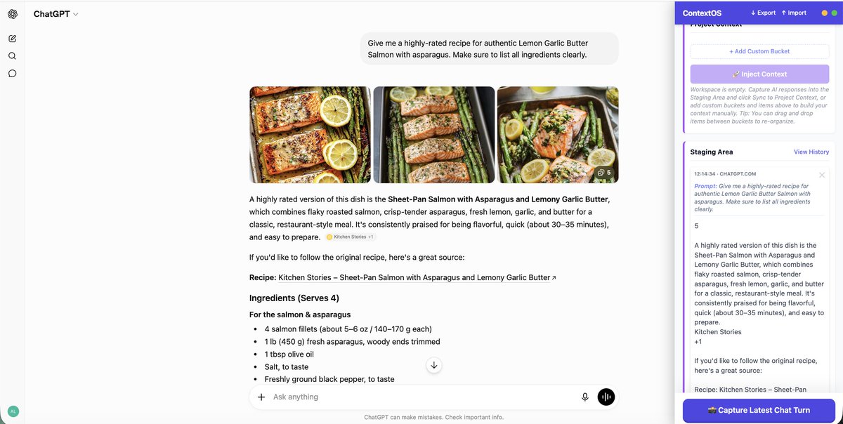 TigerRepor's tweet photo. AI is amazing for everyday tasks like meal planning, but the tab-switching friction ruins the magic.

If you find a recipe on ChatGPT, want to turn into a categorized grocery list in Claude, you have to copy-paste it. The formatting breaks and it turns into a messy wall of text. https://t.co/q1yKJ3dJdg