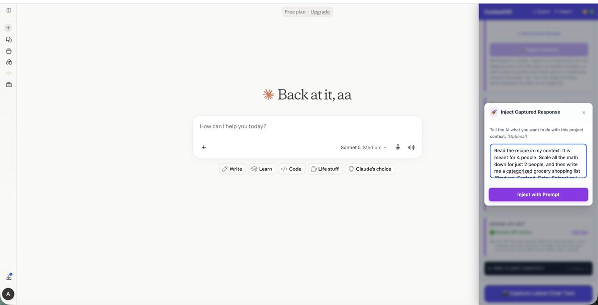 TigerRepor's tweet photo. AI is amazing for everyday tasks like meal planning, but the tab-switching friction ruins the magic.

If you find a recipe on ChatGPT, want to turn into a categorized grocery list in Claude, you have to copy-paste it. The formatting breaks and it turns into a messy wall of text. https://t.co/q1yKJ3dJdg