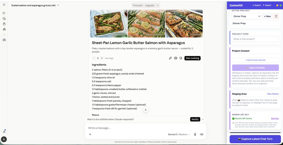 TigerRepor's tweet photo. AI is amazing for everyday tasks like meal planning, but the tab-switching friction ruins the magic.

If you find a recipe on ChatGPT, want to turn into a categorized grocery list in Claude, you have to copy-paste it. The formatting breaks and it turns into a messy wall of text. https://t.co/q1yKJ3dJdg