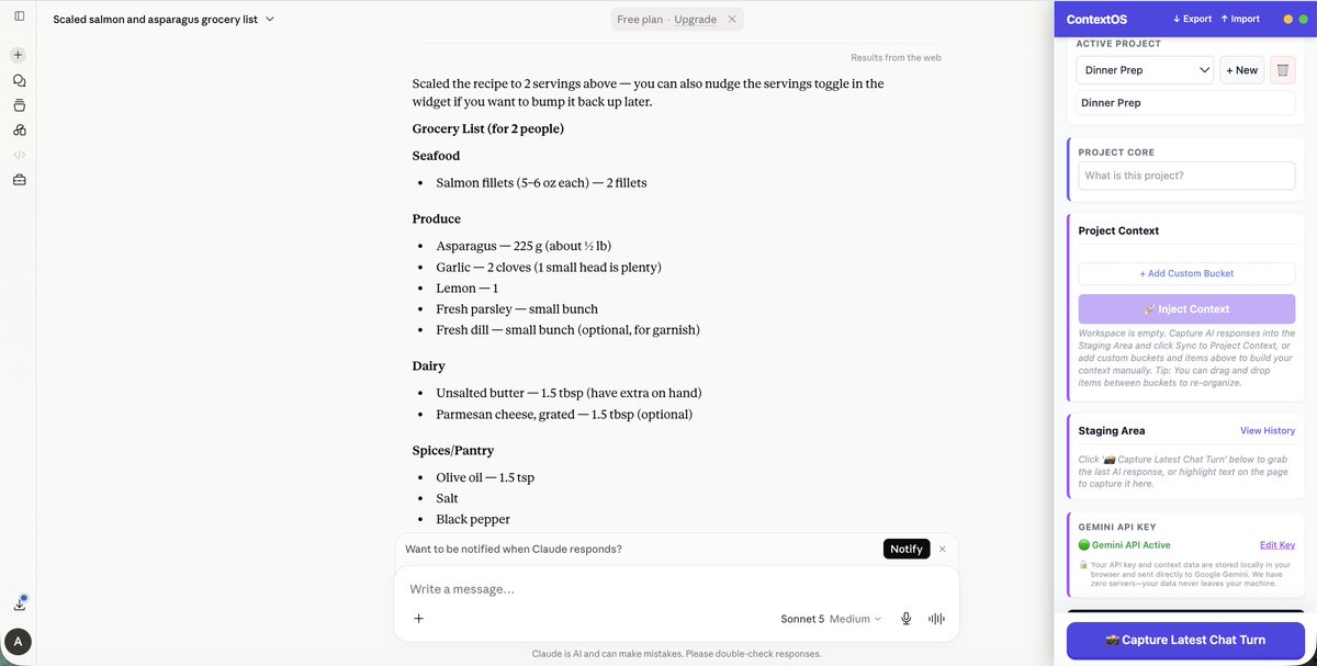 TigerRepor's tweet photo. AI is amazing for everyday tasks like meal planning, but the tab-switching friction ruins the magic.

If you find a recipe on ChatGPT, want to turn into a categorized grocery list in Claude, you have to copy-paste it. The formatting breaks and it turns into a messy wall of text. https://t.co/q1yKJ3dJdg