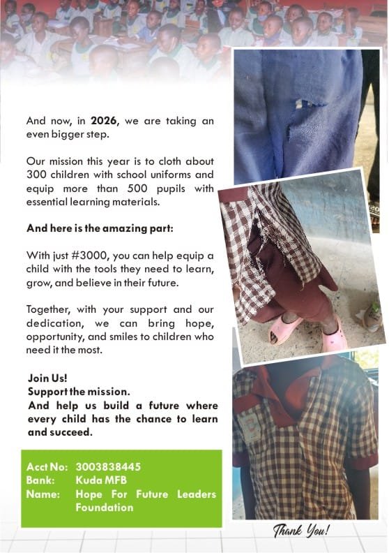 h2fl_foundation's tweet photo. Some children don't miss school because they don't want to learn. They miss out because they have nothing decent to wear.

Behind every torn uniform is a child with big dreams, waiting for someone to believe in them.

With just ₦3,000, you can help put a school uniform.. 1/2 https://t.co/6Kkbea28mi