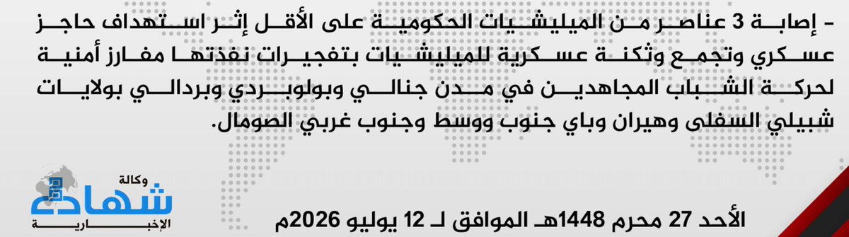TracTerrorism's tweet photo. Al-Shabaab Militants Targeted Somali Militia Barracks, Gathering, &amp; Military Checkpoint with Improvised Explosive Devices (#IEDs), in #Berdale, Bay Region, #Janale, Lower Shabelle Region, and #Bulobarde, Hiran Region, #Somalia
Read more: https://t.co/VOY0lAsaVg https://t.co/mgM5KtwYBm
