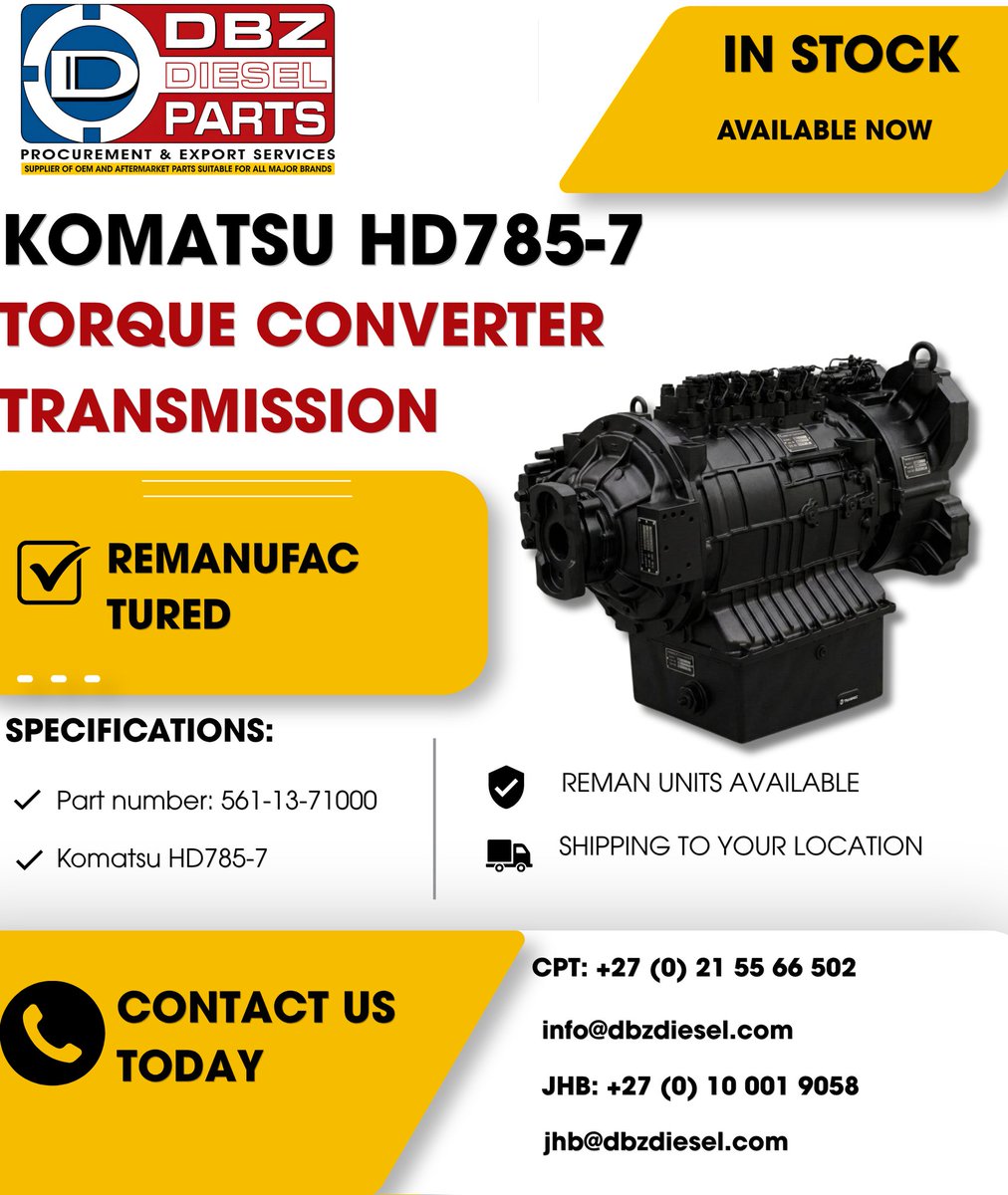 dbzdieselparts's tweet photo. Remanufactured Komatsu #HD785-7 Torque Converter Transmission available in stock, and ready to go.
#DBZDieselParts #KomatsuHD785 #MiningMachinery #EarthmovingParts #RemanComponents #Transmission https://t.co/XRTSqseI1b