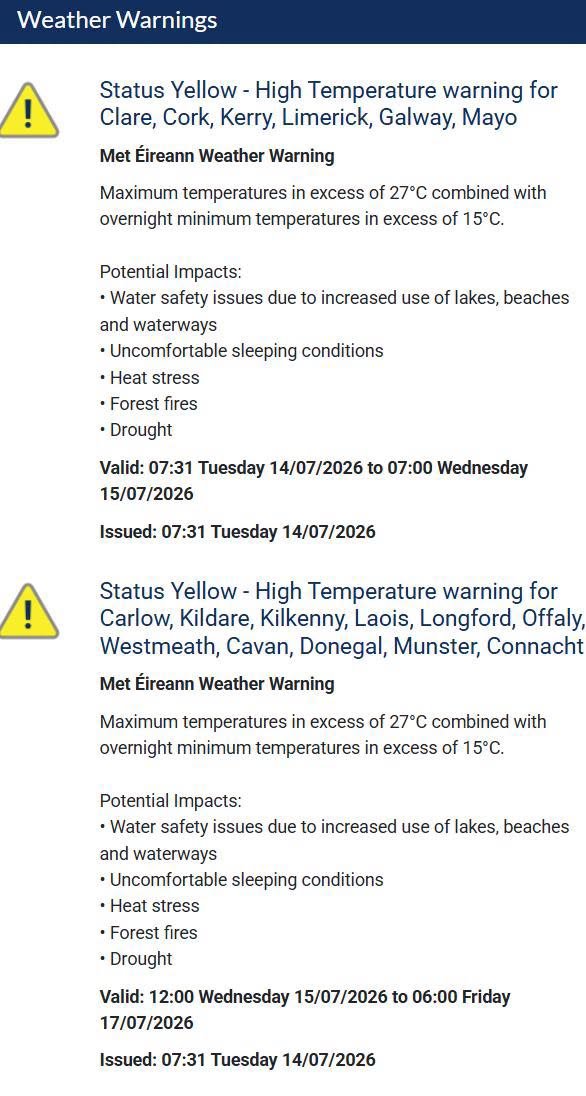 MetEireann's tweet photo. ‼️Update: Counties added &amp; timings extended to Status Yellow High Temperature Warning

Max temps in excess of 27°C combined with overnight min temps in excess of 15°C.

Counties &amp; Validity times below ⬇️
https://t.co/t2JoveRUyC https://t.co/Cp4VSH2v4O