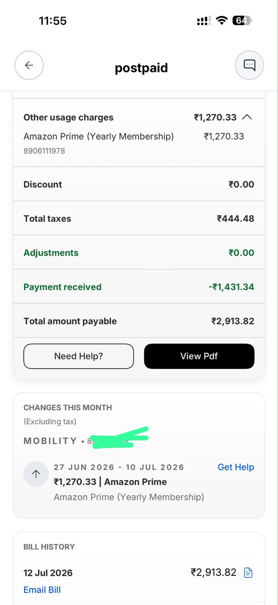 Anupam0217's tweet photo. @airtelindia @Airtel_Presence I activated Amazon Prime because it was free with my postpaid plan. I cancelled it after the free period, yet I was charged ₹1,270.33 for a yearly membership. Please reverse this charge and update my bill. #Airtel https://t.co/0cVxxxjXBF