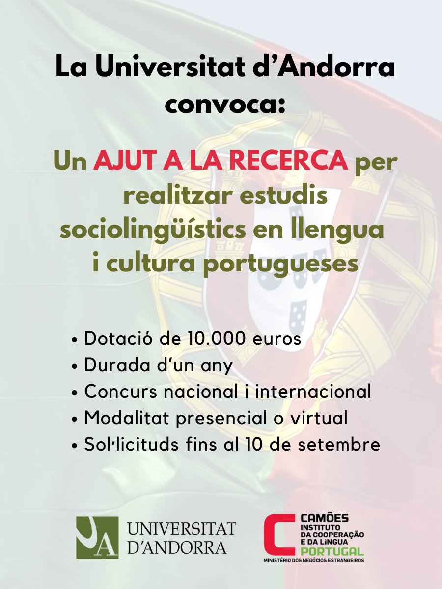 UdAndorra's tweet photo. 📢 Nova convocatòria d'ajuts de recerca
☝ L'@UdAndorra convoca un nou ajut nacional i internacional per fer recerca sobre temàtiques relacionades amb l’àmbit sociolingüístic portuguès en el context andorrà.
ℹ️ https://t.co/vPyTEiUHSH
@Camoes_EspAnd @camoes_ip #recercaUdA https://t.co/pgVNmTW63u