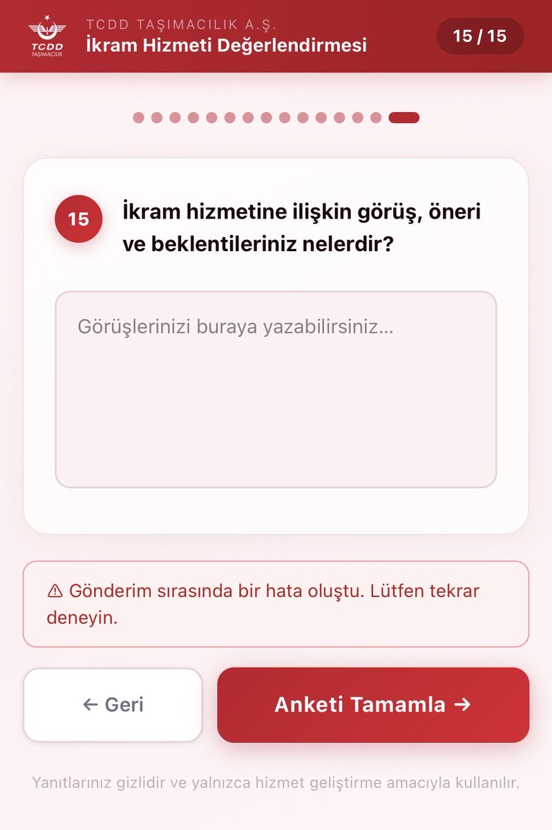 erhanerdgn's tweet photo. Ya @TCDDTasimacilik tren için anket yapıyorsunuz cok güzel. sisteminizi kontrol etmeden neden bu hizmet sunuyorsunuz. Yani mal gibi 15 sayfa doldur doldur sonra “Hata”. Vakite yazık oldu. https://t.co/UGjZRNjJws