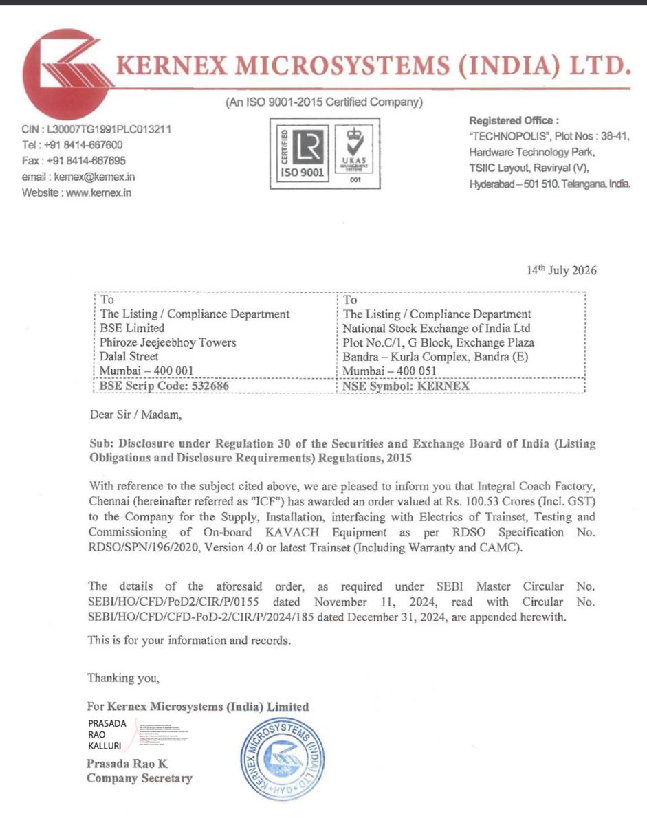 BusinessNewsPo1's tweet photo. #KernexMicrosystems gets order of 100.53 Crores from Integral Coach Factory, Chennai for KAVACH Equipments
#StockToWatch
#StockInNews
#StockInFocus
#StockMarket
#Nifty #NSE #BSE #Nifty50 #Sensex https://t.co/BlvsvnAvwG