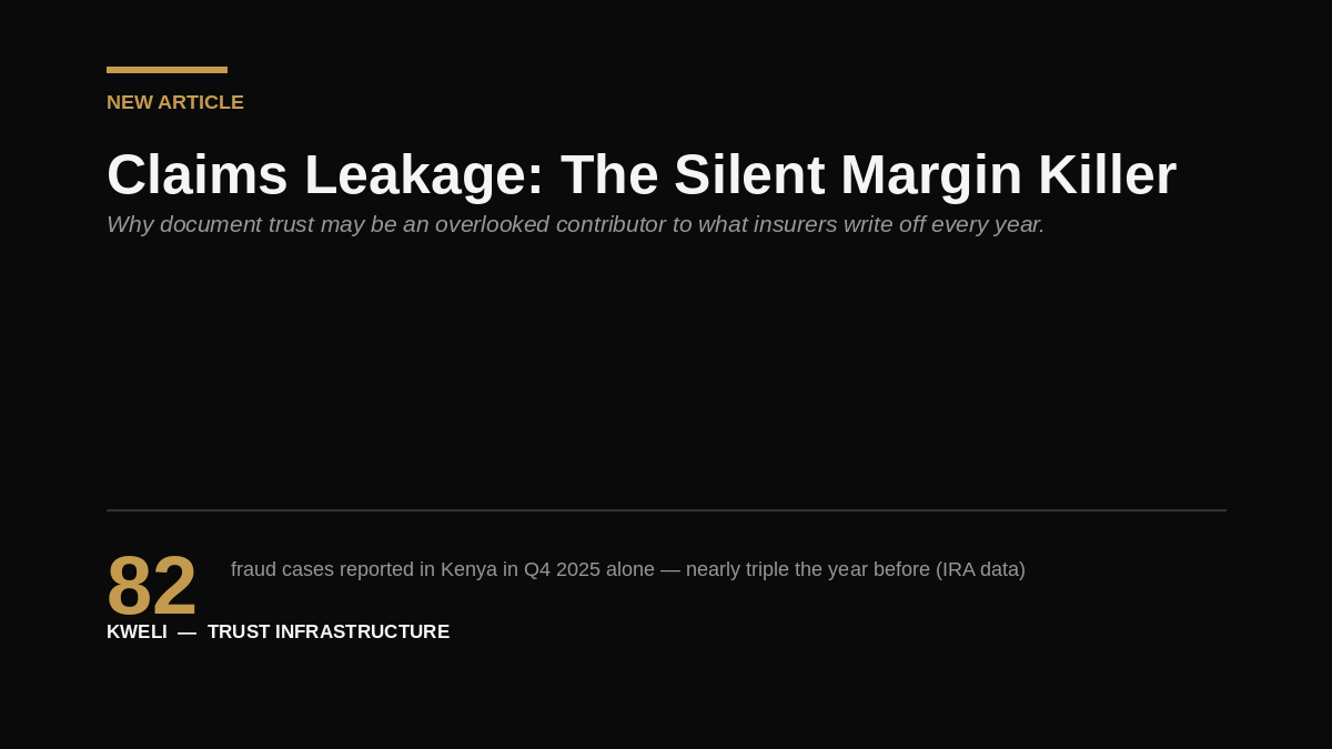 EAXGlobal's tweet photo. New post: "Claims Leakage: The Silent Margin Killer"

Kenya's insurance regulator reported fraud cases nearly tripling in one quarter, year over year.

Wrote up what I found 👇

https://t.co/HFiN4g4JhU

#trustinfrastructure #insurance #insurtech #kweli https://t.co/pVtDHBaW1M