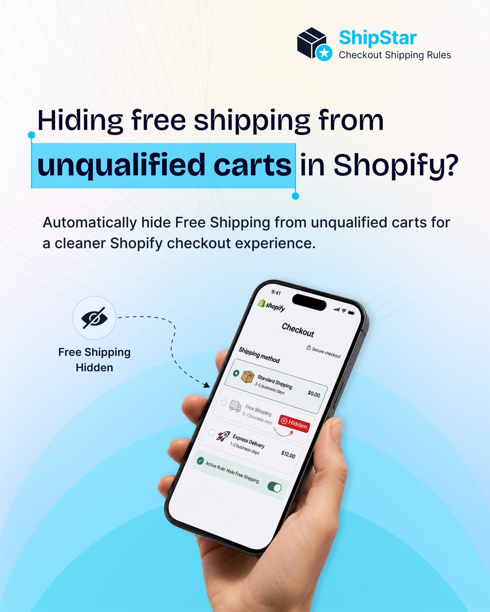aappshopxgmail's tweet photo. Showing Free Shipping to every customer?

Hide it from unqualified carts automatically with ShipStar Checkout Shipping Rules.

Cleaner checkout
Smarter shipping options
Better customer experience

#Shopify #eCommerce #Shipping #FreeShipping #ShipStar #Checkout https://t.co/Yy9eOLxlue