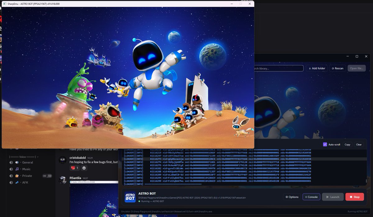 techdroider's tweet photo. Sony is in FULL PANIC MODE right now

A Discord user named RSantila has reportedly managed to boot Astro Bot on PC using SharpEmu, a PS5 emulator for Windows PC. 

Astro Bot is a 2024 PS5 exclusive, so seeing it even boot on a PC is a HUGE!!! PS5 emulation development is moving CRAZY fast.