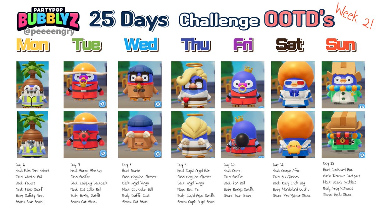 peeeengry's tweet photo. Party Pop Bubblyz 25 Days Vertical Parkour Challenge

Complete list of outfits I wore for the challenge. 

It's my first time completing a challenge like this so I'm so happy and proud of myself even though it's a little thing.

game #ootd https://t.co/DVvdbPY5sl