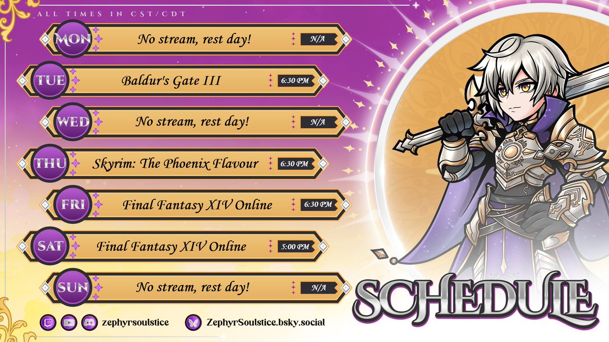 ZephyrSoulstice's tweet photo. ✨This Week’s Stream Schedule (CST/CDT)✨

🎲 Tue — 6:30 PM
Baldur's Gate III w/ Crowd Control

🐉Thu — 6:30 PM
The Elder Scrolls V: Skyrim (The Phoenix Flavour)

🗡️Fri — 6:30 PM
Final Fantasy XIV

🗡️Sat — 5:00 PM
Final Fantasy XIV https://t.co/VX6YWtEqAZ