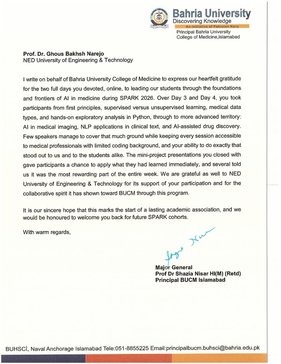 ghousnarejo's tweet photo. A hands-on Workshop at @Bahria University Health Sciences Campus, Islamabad, focused on Machine Learning (ML) and Artificial Intelligence (A.I.) in Medicine through Medical Data Analysis, AI-driven Medical Imaging, and Clinical Implementation. https://t.co/QBqQ0NF3LD