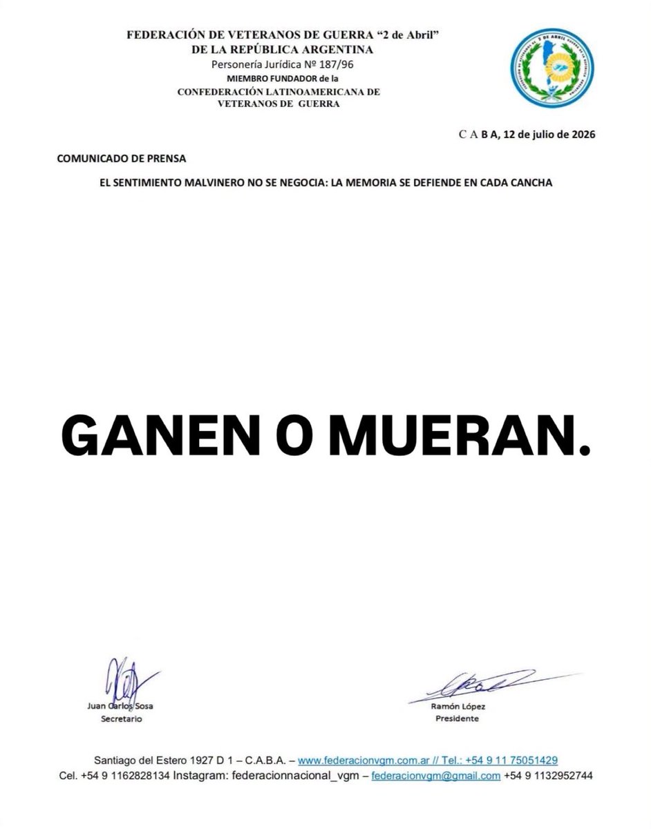 catascm's tweet photo. "GANEN O MUERAN": LA CARTA DE VETERANOS DE MALVINAS

En la previa del partido por las semifinales entre Argentina e Inglaterra, la Federación de Veteranos de Malvinas 2 de Abril difundió un comunicado . https://t.co/hpnONf5QJ7