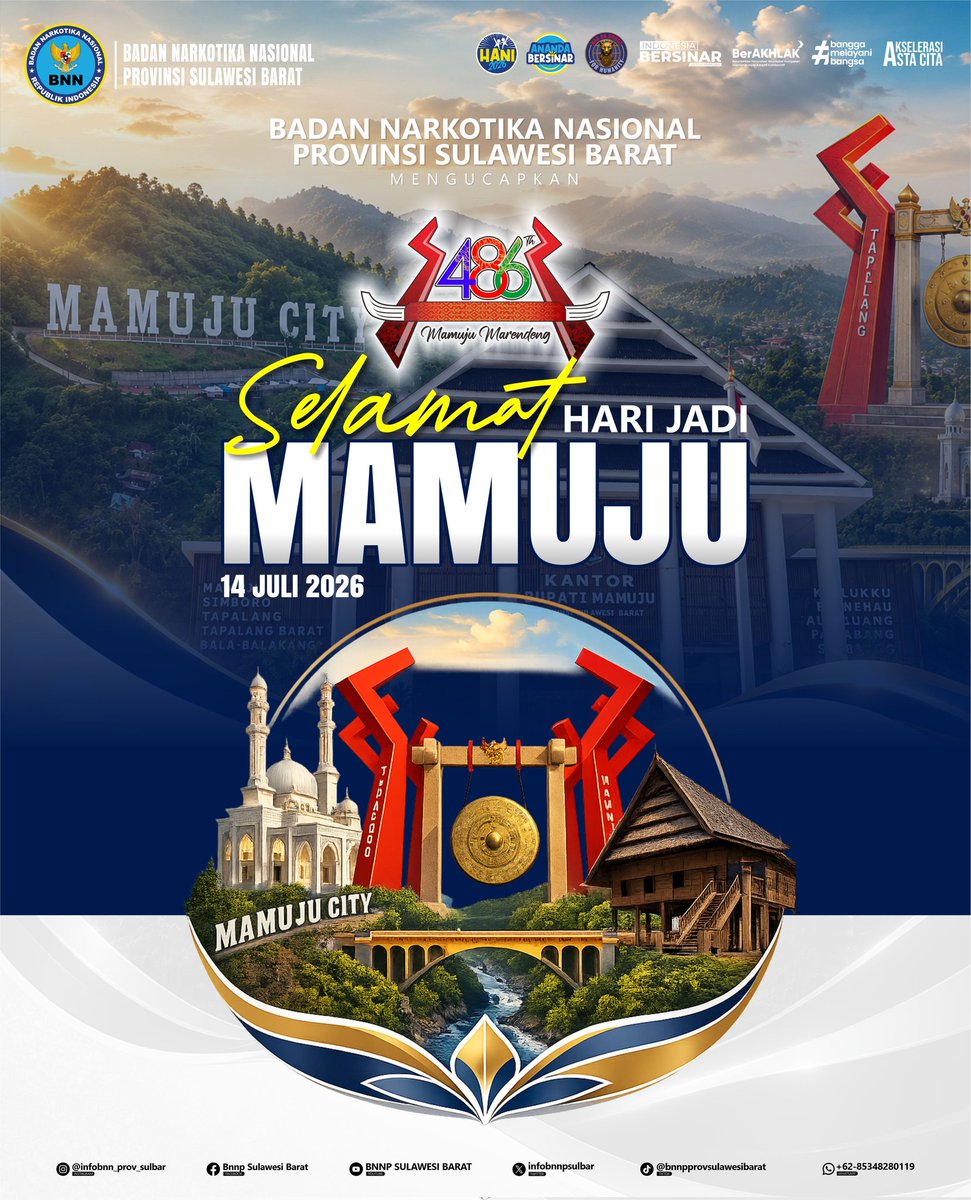 infobnnpsulbar's tweet photo. Selamat Hari Jadi Kabupaten Mamuju 
ke-486 th 14 Juli 2026

"Mamuju Marendeng"

Harapan di HUT ke-486 Kabupaten Mamuju adalah agar daerah ini semakin tangguh, adaptif, dan efisien dalam percepatan pembangunan, sekaligus memperkuat kebersamaan masyarakat yang "Marendeng" (kokoh). https://t.co/nIPeYY4WOe