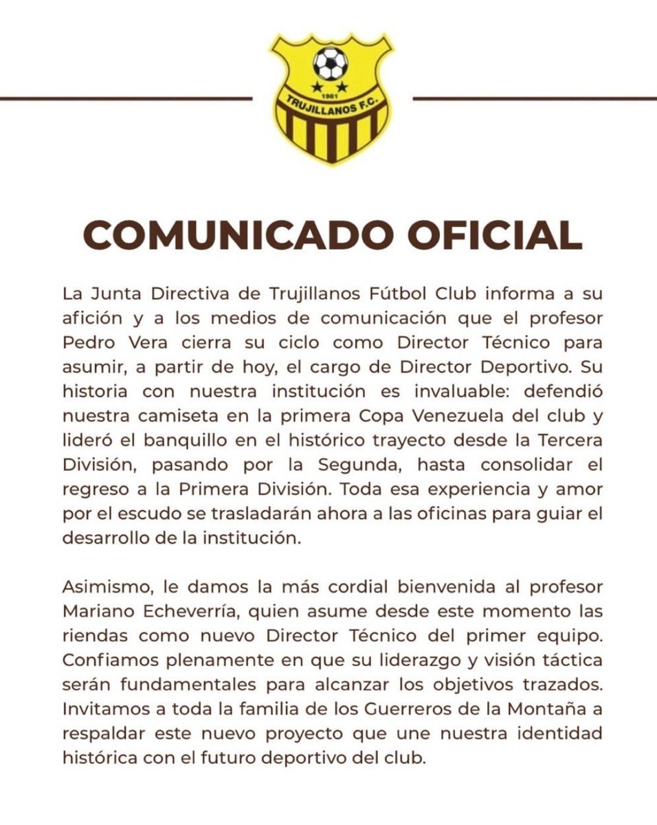 SoloTrujillanos's tweet photo. #OFICIAL | Pedro Vera deja de ser el director técnico de Trujillanos FC, Mariano Echeverría asume el banquillo amarillo y marrón.

#LigaFUTVE https://t.co/GyQcOk4r62