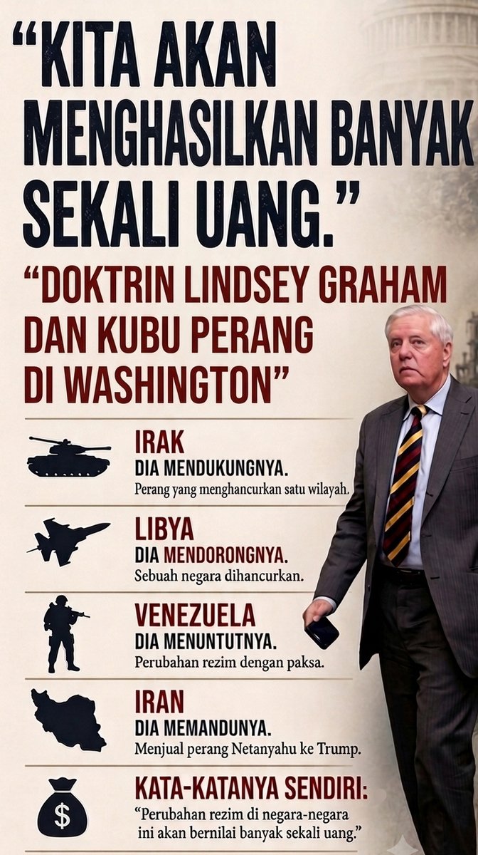 dina_sulaeman's tweet photo. DOKTRIN PERANG LINDSEY GRAHAM, DOKTRIN AMERIKA

Lindsey Graham, yang meninggal pada 11 Juli 2026 dalam usia 71 tahun, menghabiskan 23 tahun masa tugasnya di Senat dengan memperjuangkan satu gagasan secara sangat konsisten: Amerika Serikat harus menggunakan kekuatan militernya untuk membentuk dunia sebelum negara-negara lawan melakukannya.

Dengan bangga, ia menyebut dirinya sebagai seorang war hawk—politikus yang selalu mendorong penggunaan kekuatan militer. Graham mendukung invasi Amerika ke Irak pada 2003 dan terus membelanya hingga akhir. Perang tersebut menewaskan lebih dari 270.000 warga sipil Irak secara langsung, menghancurkan struktur negara Irak, dan membuka jalan bagi lahirnya kelompok ISIS. 

Pada 2011, Graham bahkan mengatakan bahwa apabila Amerika tidak mempertahankan pasukannya di Irak, negara itu boleh saja “pergi ke neraka”.
Ia juga menjadi pendukung kuat intervensi militer di Libya. Operasi tersebut berakhir dengan runtuhnya negara Libya dan menjadikan negeri itu pasar senjata bagi berbagai kelompok ekstremis. 

Graham kemudian mendukung intervensi di Suriah, dalam perang yang menewaskan lebih dari 300.000 orang dan memaksa sekitar separuh penduduk Suriah meninggalkan rumah mereka.

Tahun 2017, ia mendorong perluasan perang Amerika di Afrika. Pada 2019, ia menyerukan invasi militer ke Venezuela.

Pada 2026, pola tersebut mencapai puncaknya. Menjelang perang terhadap Iran, Graham berulang kali berkunjung ke Israel dan bertemu dengan pejabat Mossad. Menurut laporan The Wall Street Journal, ia juga membantu Benjamin Netanyahu menyusun cara untuk meyakinkan Donald Trump agar mengambil tindakan militer.

Dalam cerita Graham sendiri, Netanyahu kemudian memperlihatkan informasi intelijen kepada Trump yang berhasil membujuknya melancarkan perang.

Graham juga cukup terbuka mengenai tujuan yang hendak dicapai. Ia mengatakan bahwa apabila pemerintahan Iran tumbang, Timur Tengah baru akan terbentuk dan “kita akan meraup uang dalam jumlah sangat besar”.

Ia menghubungkan penculikan pemimpin Venezuela, Nicolás Maduro, dan serangan terhadap Iran dengan penguasaan atas minyak kedua negara tersebut. Ketika bahasa mengenai kebebasan dan demokrasi disingkirkan, logika doktrin itu terlihat dengan jelas: pergantian rezim dipandang sebagai investasi, sedangkan keuntungan yang diharapkan adalah uang dan minyak.

Jargon AS soal pembebasan, keamanan, demokrasi, atau perlindungan terhadap keamanan dunia? Omong kosong belaka. Yang terjadi adalah kematian massal, runtuhnya negara, atau gabungan keduanya.

Sebenarnya, ini bukan doktrin Lindsey saja. Doktrin ini sudah ada ratusan tahun. Pertanyaannya kemudian: mengapa doktrin perang AS terus bertahan ratusan tahun? Jawabannya: karena belum ada yang berhasil melawannya; Iran dan Poros Perlawanan sedang melakukannya.

---
Diadaptasi dari Fikr Institute (https://t.co/kAnuoib8Nz)