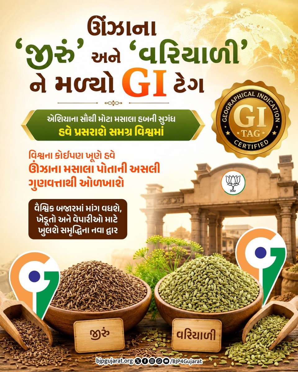 jitendrabhaimp's tweet photo. ઊંઝાના 'જીરું' અને 'વરિયાળી'ને મળ્યો GI ટેગ

એશિયાના સૌથી મોટા મસાલા હબની સુગંધ હવે પ્રસરાશે સમગ્ર વિશ્વમાં https://t.co/Cj0E1HwhQz