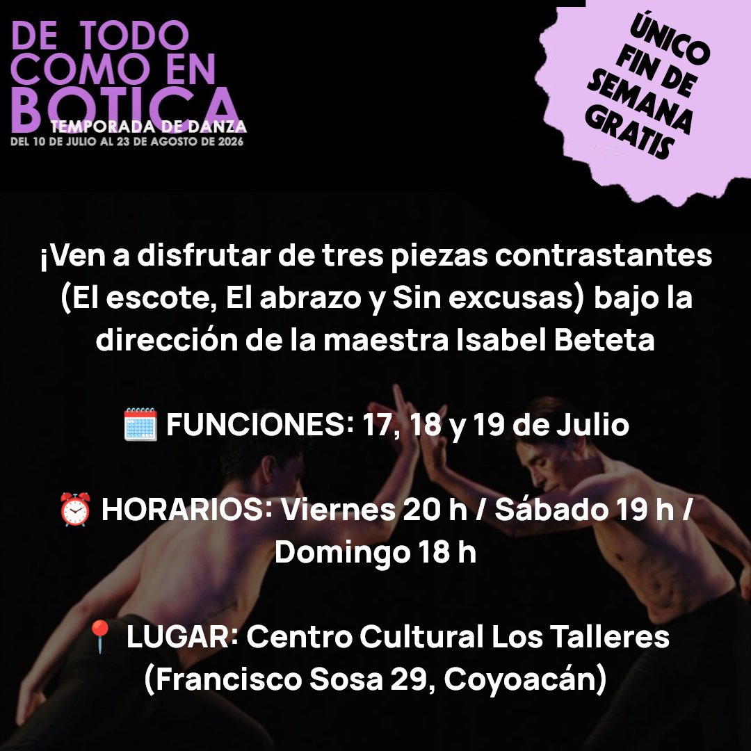 talleres_coyo's tweet photo. 🚨 ¡ATENCIÓN COMUNIDAD DE LA DANZA Y PÚBLICO GENERAL! 🚨 Este fin de semana en #DeTodoComoEnBotica2026 ¡las funciones son GRATUITAS! 🎉
Ven a disfrutar "El camino de la vida" de Nemian Danza Escénica (Dir. Isabel Beteta) Un proyecto espectacular apoyado por #EFIARTES y @Actinver https://t.co/rXdVAMgZ05