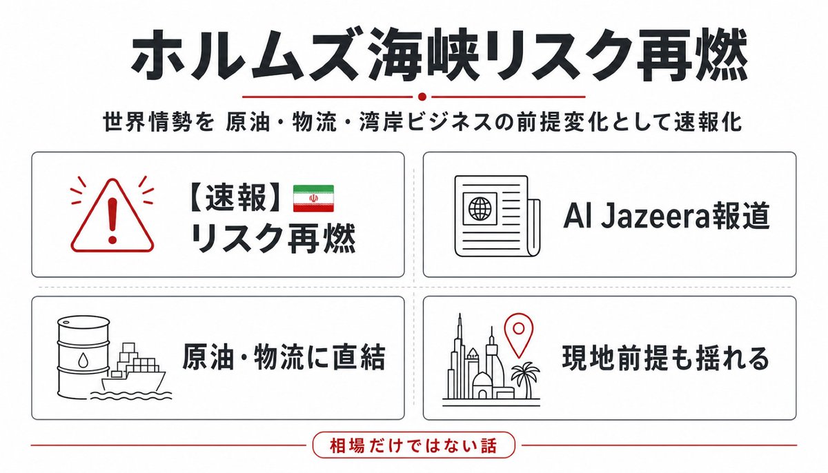 nobu_mens's tweet photo. 【速報】🇮🇷 ホルムズ海峡リスク再燃
- Al Jazeeraは米国とイランの攻撃応酬を報道
- 原油と物流、湾岸ビジネスに直結
これは相場だけでなく現地の前提も揺らす話
https://t.co/NN3w5xQMhm https://t.co/XvrCa0LOOh
