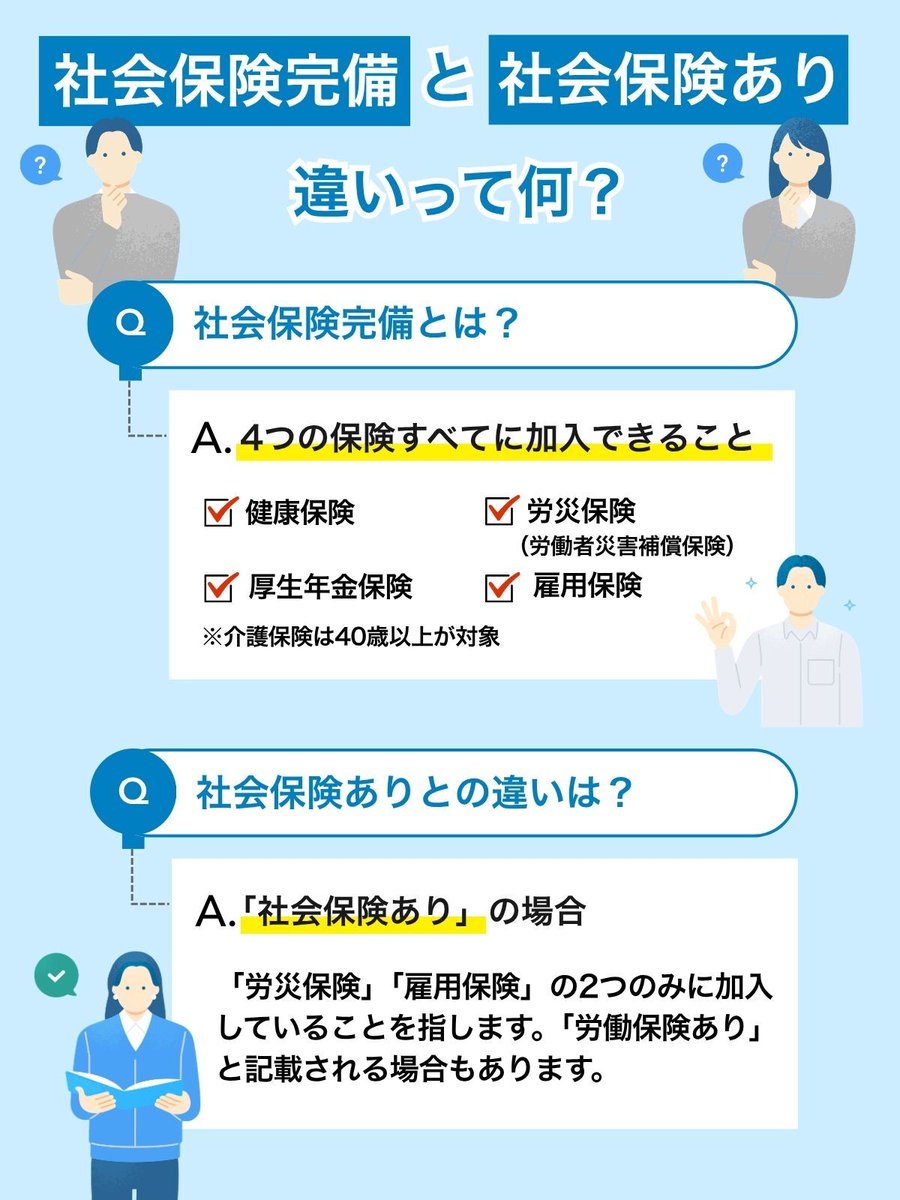 doda_persol's tweet photo. 求人票でよく見る
「社会保険完備」と「社会保険あり」🤔
実は意味が違うって知ってた?
✅ 社会保険完備って何?
✅ 社会保険ありとの違いは?
✅ 何が含まれるの?
転職活動中の人は要チェック📝
求人票を見るときのポイントを
分かりやすく解説します💡
#doda https://t.co/Jn2DDty26i