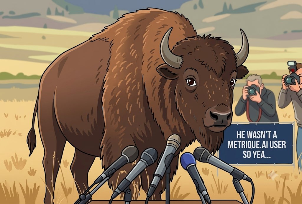MetriqueAI's tweet photo. A quick word from the Yellowstone Bison himself. https://t.co/sWKVBcubIV https://t.co/bo8UK9nwtX