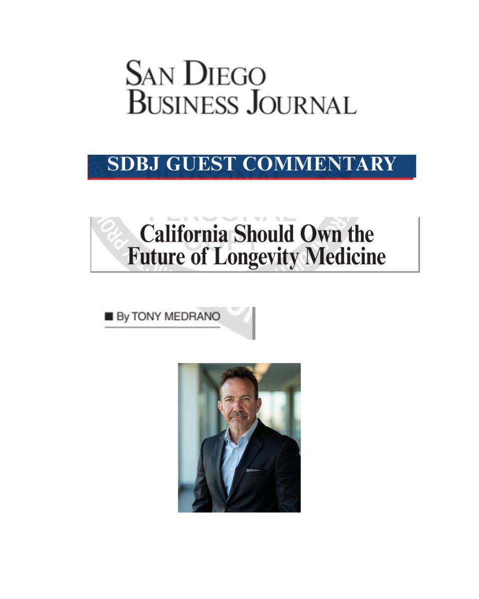 longevityplanai's tweet photo. Proud to see our CEO &amp; Co-Founder, Tony Medrano, published in the San Diego Business Journal.

Read California Should Own the Future of Longevity Medicine:

https://t.co/NMosRhnpR2

#Longevity #AI #LongevityPlanAI https://t.co/K6wo44QOlU