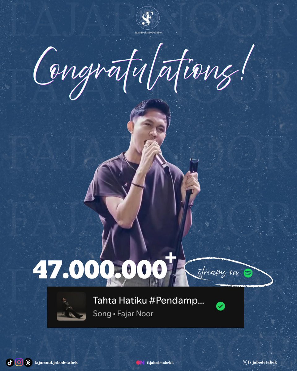 fs_jabodetabek's tweet photo. Congratulations on 47jt streams for 'Tahta Hatiku #Pendampingmu' on Spotify! 💙

Thank you to everyone who's been listening and supporting this song from the very beginning. Every stream is another step forward.

Let's keep streaming. ✨🎧

#tahtahatiku #fajarnoor https://t.co/RaymIbDY8Y
