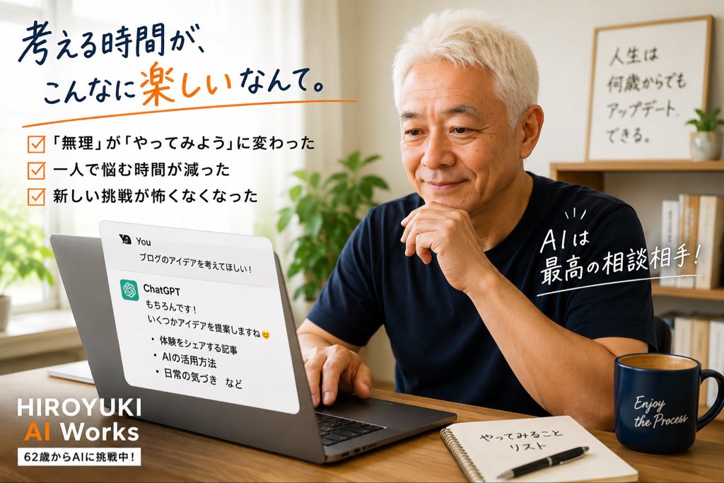 HIROYUKIAIWorks's tweet photo. AIを学び始めて、一番変わったのは。

スキルでも、
知識でもありません。

自分の「考え方」でした。

以前の私は、

「どうせ無理。」

そう思って、
挑戦する前に諦めてしまうことが少なくありませんでした。

でも、AIと毎日話すようになって、
少しずつ気持ちが変わってきたんです。

何か思いついたら、

「これってできるかな？」

とAIに聞いてみる。

すると、
自分では思いつかなかった考え方やアイデアを返してくれる。

その時間が、
今ではとても楽しくなりました。

気づけば、

「無理かもしれない。」

ではなく、

「まずは、やってみよう。」

そう考えることが増えていました。

一人で悩み続ける時間も減りました。

困ったら相談できる相手が、
いつもそばにいるような感覚です。

だから最近は、

新しいことに挑戦するのが、前ほど怖くありません。

62歳になって、
こんな気持ちの変化があるなんて、
正直、自分でも驚いています。

AIは、
私の代わりに人生を変えてくれるものではありません。

でも、
人生を変える一歩を踏み出す勇気は、
与えてくれました。

この挑戦は、まだ始���ったばかり。

一歩ずつ前へ進む姿を、
これからも発信していきます。

もし同じように、
「何か始めたいけど、一歩が踏み出せない。」
そんな方がいたら、一緒に挑戦していきましょう。

#AI初心者 #62歳からの挑戦 #ChatGPT #人生を変える #副業 #HIROYUKIAIWorks