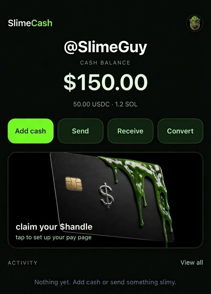 Slimewired's tweet photo. Introducing SlimeCash our official Multi-Chain wallet!

How to setup 
——————

Visit https://t.co/eu6xjf7tkZ  claim your handle and set up your pay page by generating a fresh wallet.

Make sure to save your private keys 🔑 

Think of the handle like a domain name for your new wallet to make it easier to send and receive money from anyone using SlimeCash 

You can also add cash to your wallet via @Venmo or @Apple to buy crypto and swap directly on the wallet 

We are just getting started boys, lock in