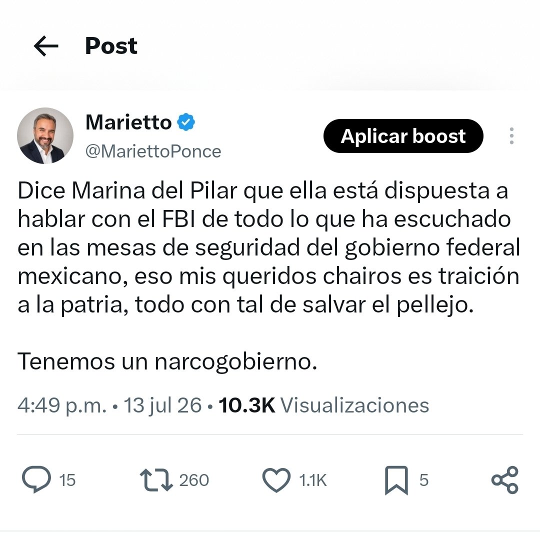 MariettoPonce's tweet photo. Así se ve un tuit mío cuando no vienen las granjas de bots, en una hora 1.1k likes, 260rt, y 15 comentarios a favor, con 10mil vistas, se ve que no les ha mandado línea Chucho con lo de Marina. https://t.co/wT0ZAIjVbQ