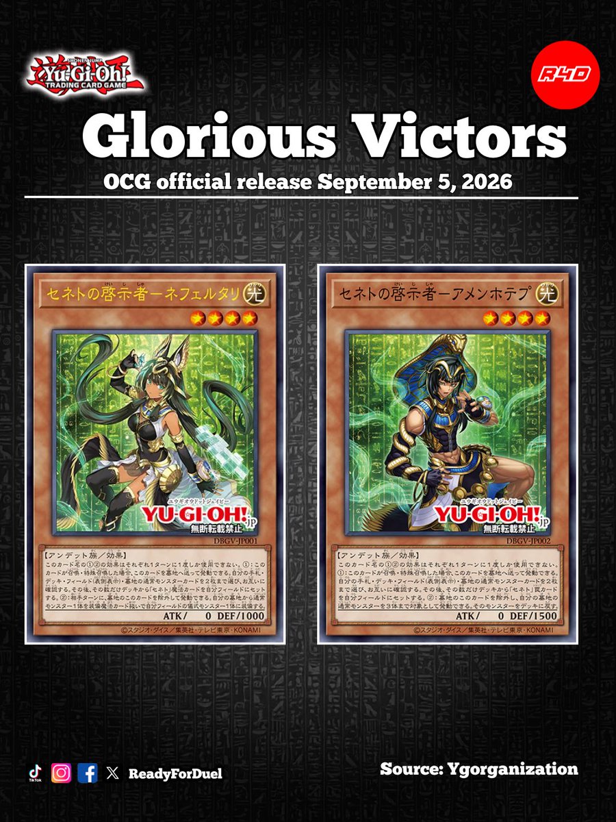 Readyforduel's tweet photo. We're revealing 10 card images for the new theme "Senet" that will appear in the concept pack "Deck Build Pack - Glorious Victors -" on sale September 5th (Saturday), along with 4 related reprinted cards.
#YuGiOh #OCG #遊戯王 #Readyforduel https://t.co/YNFUSfThyI