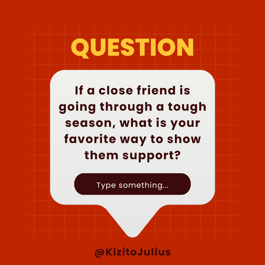 JuliusKizito10's tweet photo. A tough season can feel incredibly isolating. Often, the smallest gesture of presence. Sending a quick check-in text, dropping off a meal, or sitting in silence together—makes the biggest difference.

What is your favorite way to show a close friend they aren't alone? https://t.co/4HJDA4GxsJ