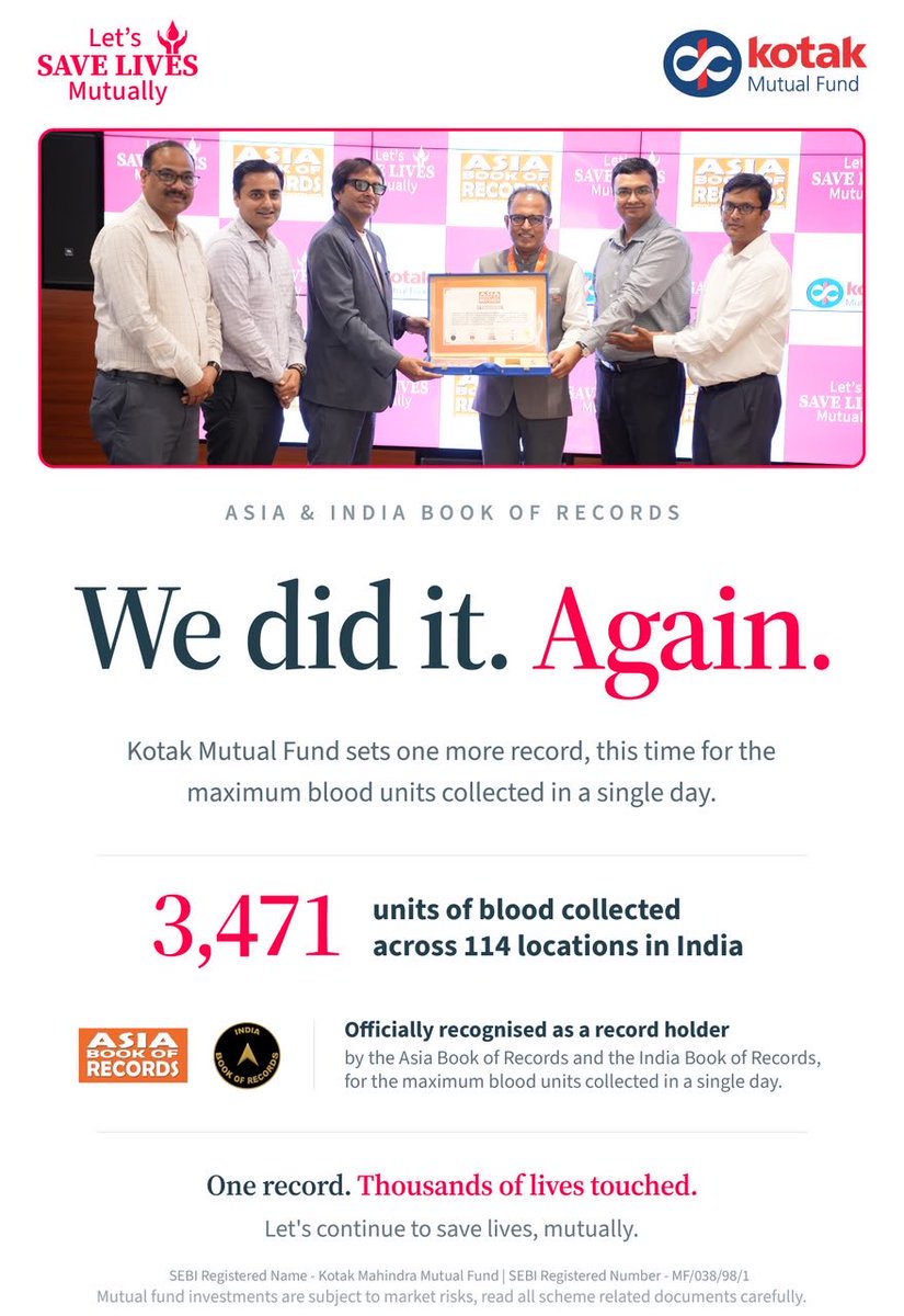 sachinamusood's tweet photo. Proud that Kotak Mutual Fund has again created history by collecting 3,471 units of blood across 114 locations in a single day. Thank you @NileshShah68 for your inspiring leadership & commitment. #LetsSaveLivesMutually #KotakMutualFund #CSR @OBakshi @AttalVishal @kinjalshah123 https://t.co/iKxQgwmgKD