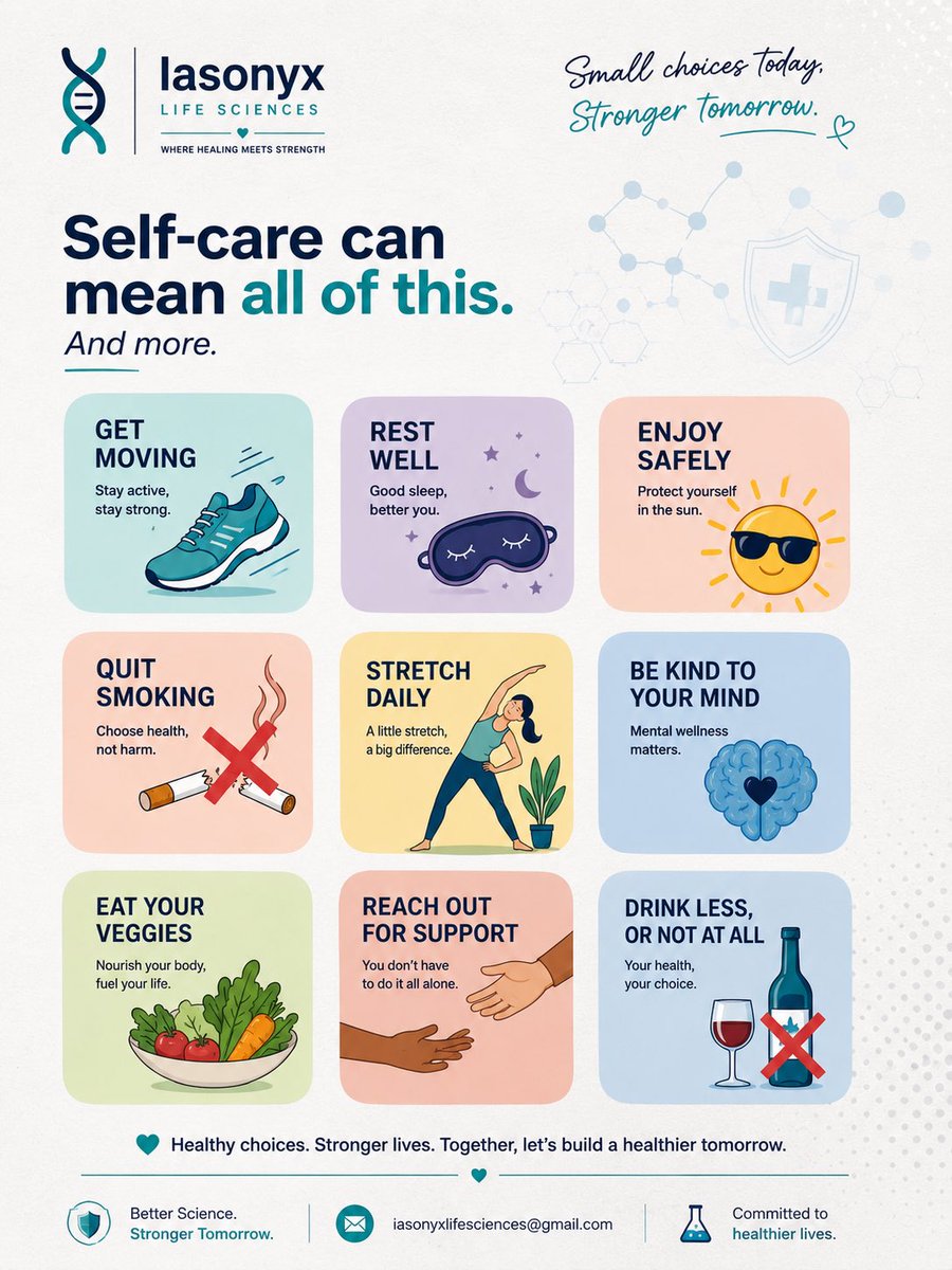 Iasonyx's tweet photo. Your health is shaped by the small choices you make every day. 🌿

Move more. Rest well. Eat better. Protect your mind. Every healthy habit counts.

#SelfCare #HealthyLifestyle #MentalWellness #WellnessJourney #HealthAwareness #IasonyxLifeSciences https://t.co/rbfDU3qNPx