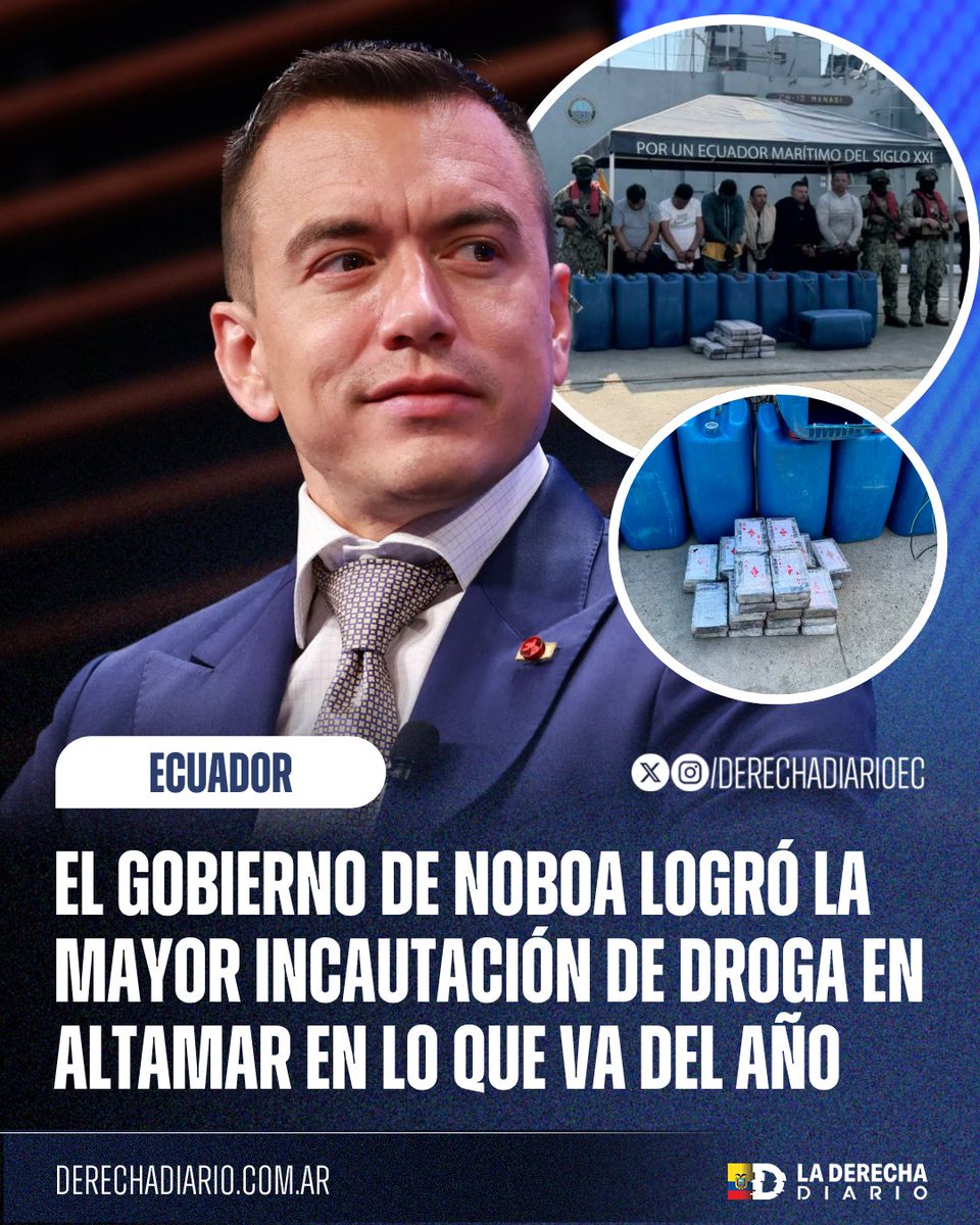 DerechaDiarioEC's tweet photo. 🚨🇪🇨 | SE ACABÓ LA JODA: El Gobierno de Daniel Noboa logró el golpe más grande al narcotráfico en altamar en lo que va del año, con la incautación de 2,2 toneladas de droga frente a las costas de Esmeraldas.

El operativo dejó 6 ecuatorianos aprehendidos y una afectación de alrededor de USD 80 millones a las economías ilícitas de grupos narcoterroristas.